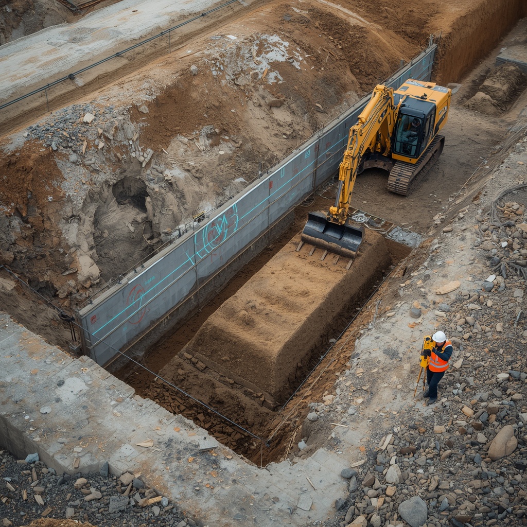 Excavator working in a deep retaining structure on a construction site.