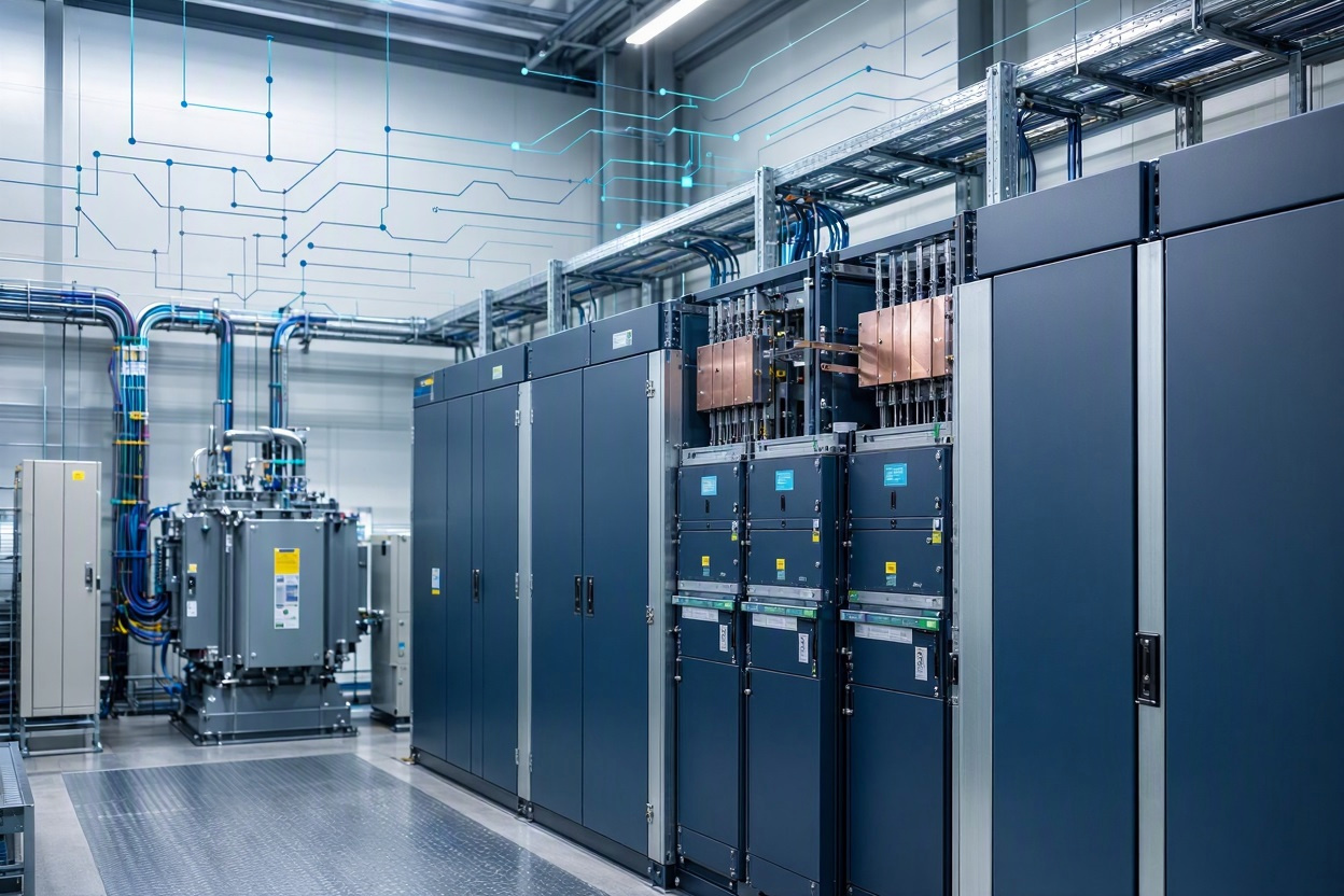 Switchgear and transformer distribution equipment in an electrical room.