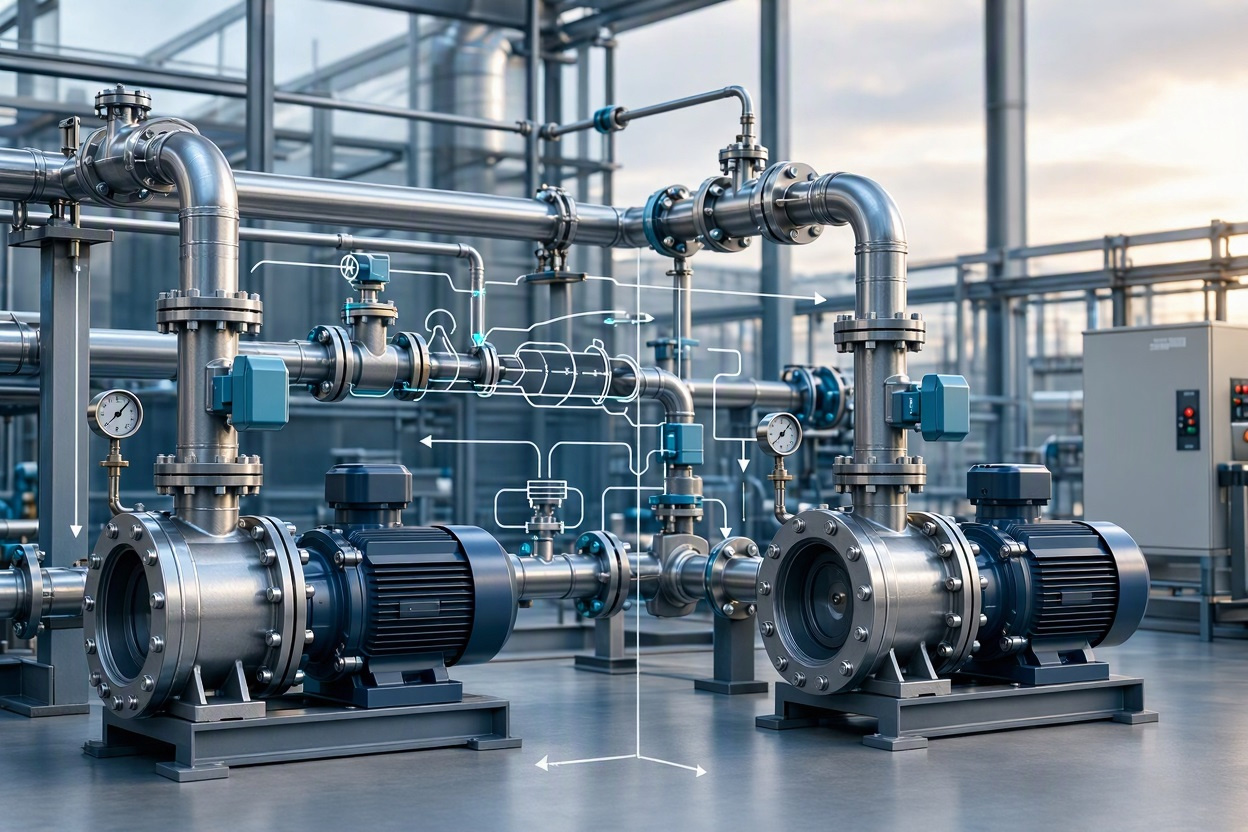 Centrifugal pump sets on a pipe manifold, with flow-line overlays.
