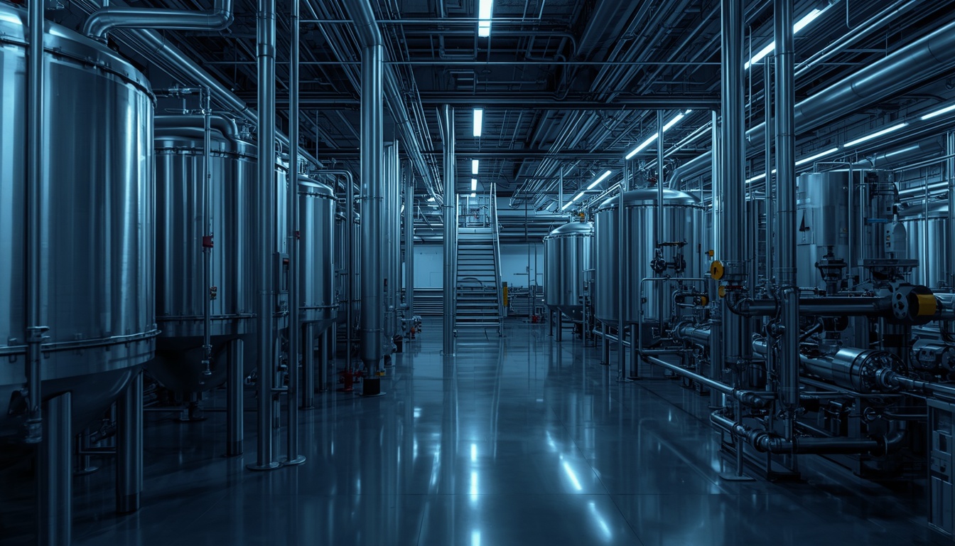 Process plant pipe rack with vessels and interconnecting process lines.