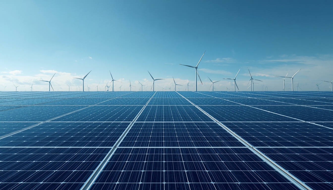 Utility-scale photovoltaic array under a clear sky.