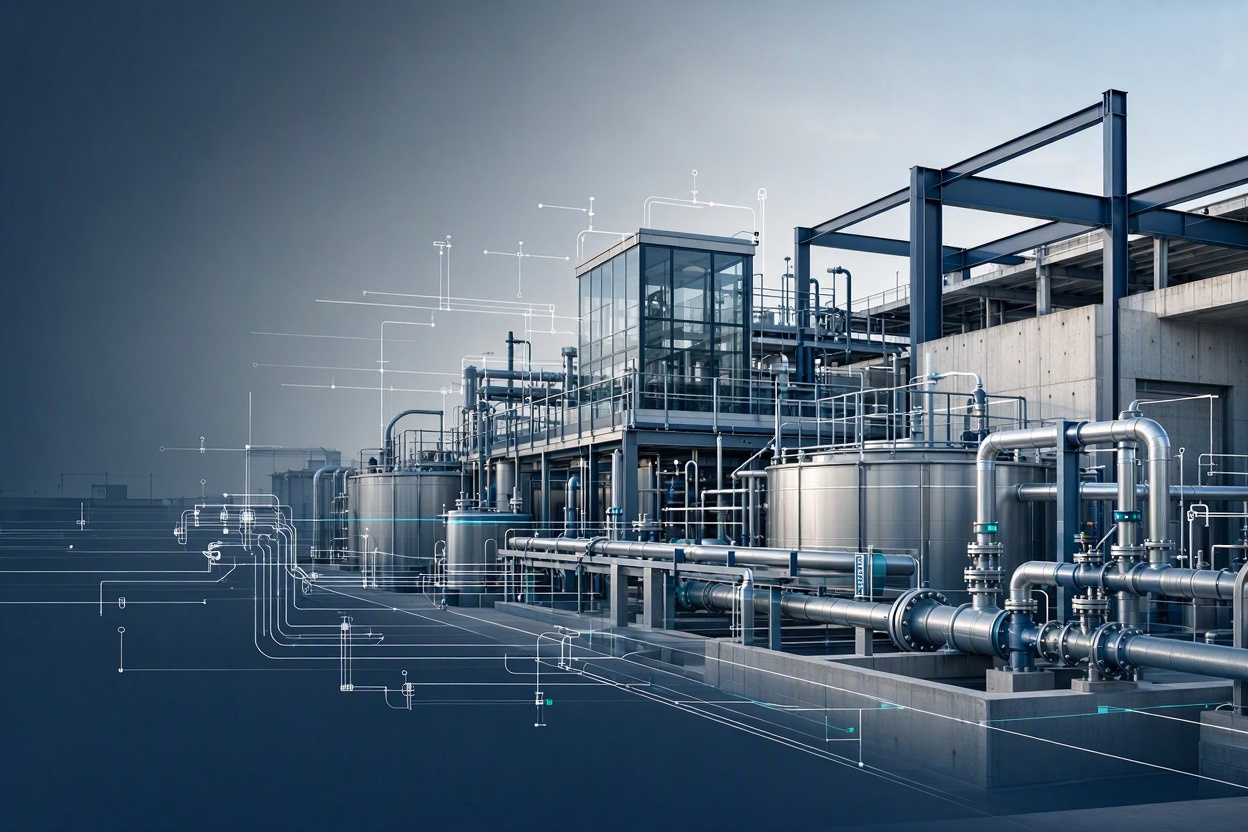 Industrial water and process plant with overlaid schematic connection lines.