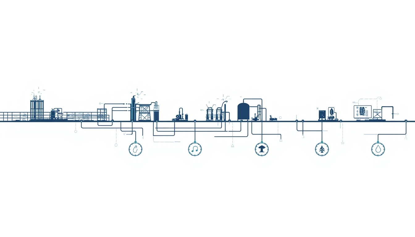 Single-line process flow diagram spanning source to product stream.