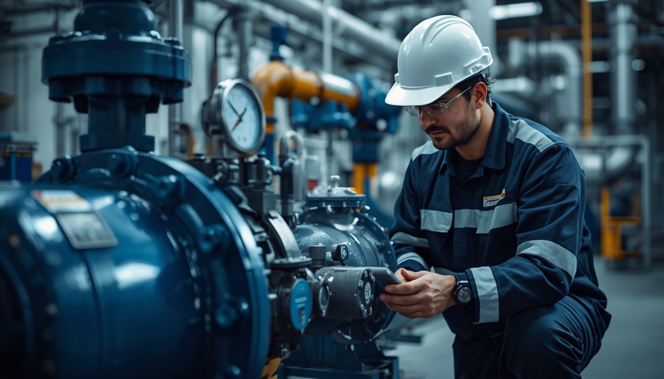 Engineer inspecting a pump and pipework with a handheld instrument.