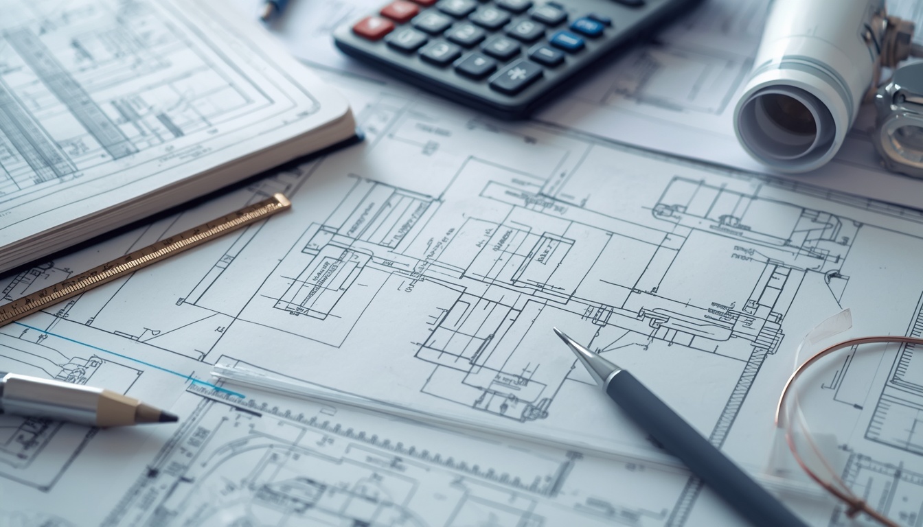 Engineering drawings, calculator and pen arranged for a worked calculation.